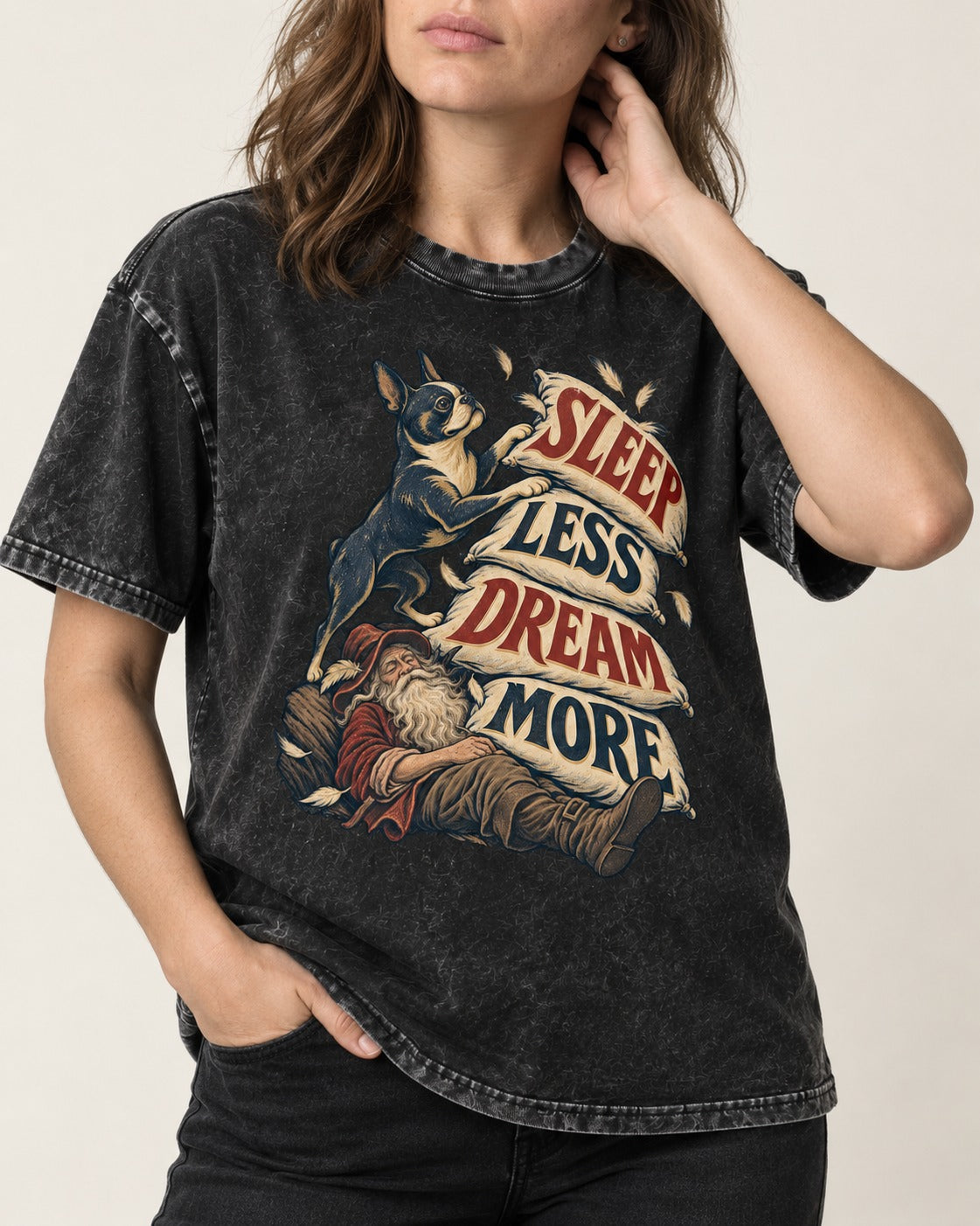 Boston Terrier Sleep Less Dream More Washed Tee in Black, worn by a model, front view