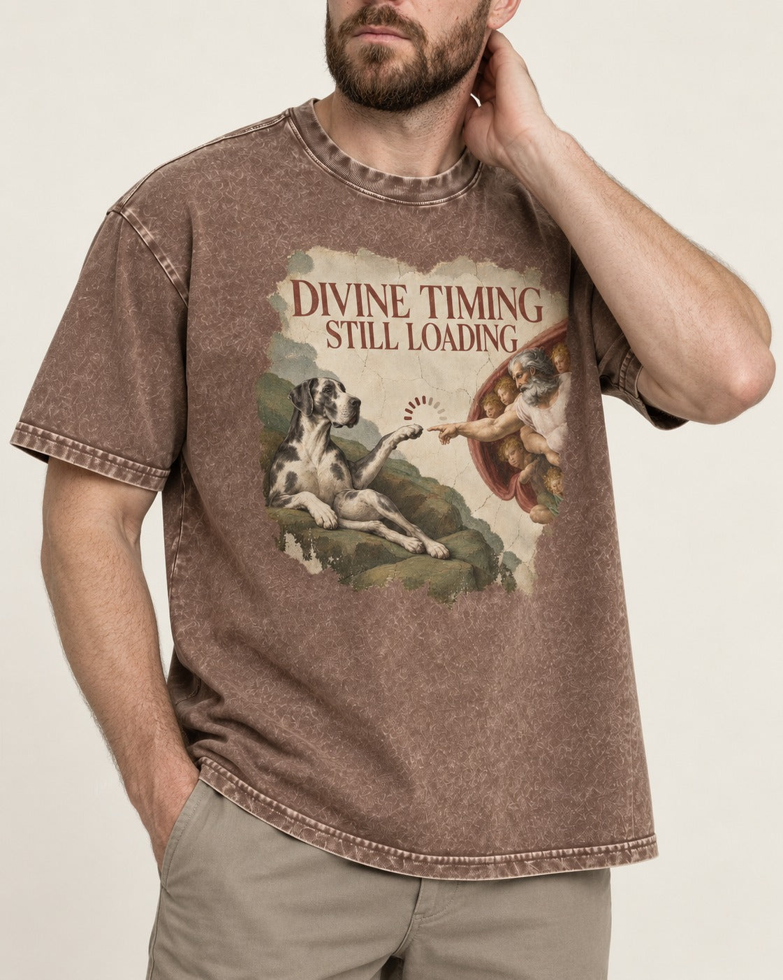 Great Dane Divine Timing Still Loading Washed Tee in Coffee, worn by a model, front view