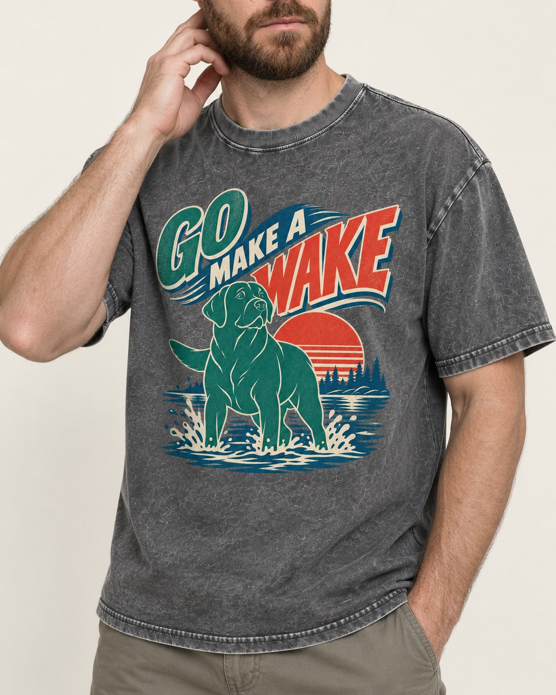 Labrador Retriever Go Make a Wake Lake Graphic Washed Tee in Gray, worn by a model, front view