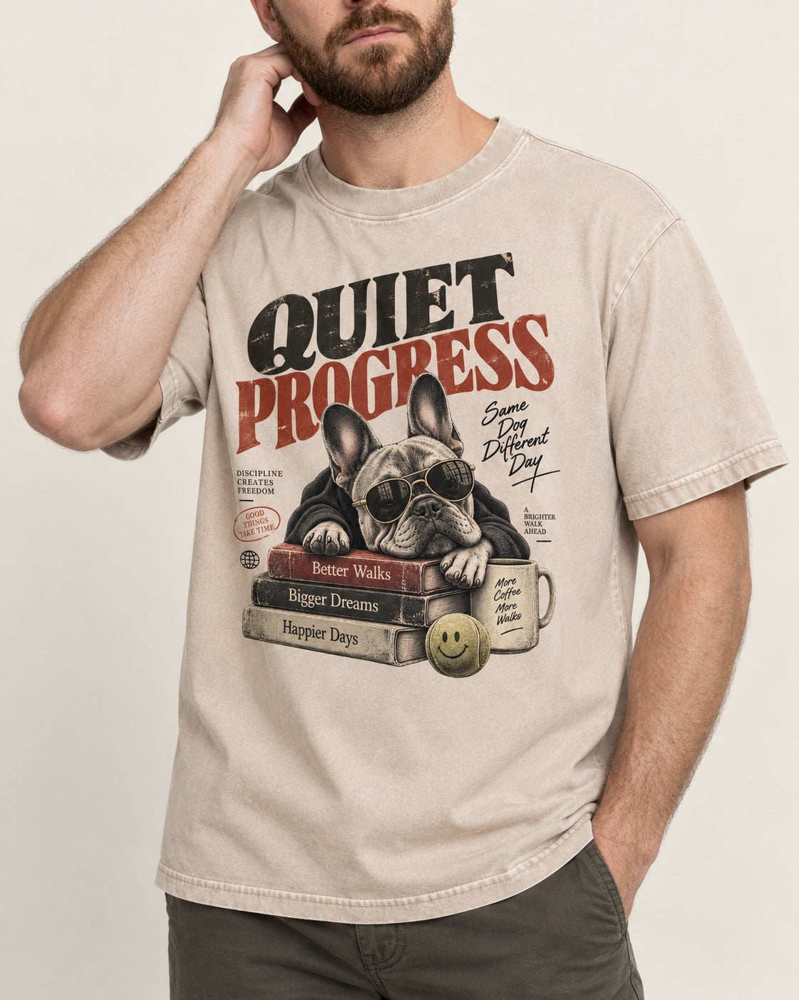Quiet Progress Frenchie Washed Tee in Apricot, worn by a model, front view