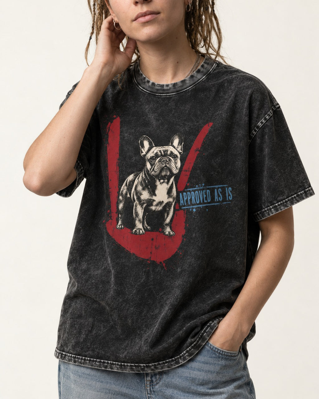 Frenchie Approved As Is Check Mark Graphic Washed Tee in Black, worn by a model, front view