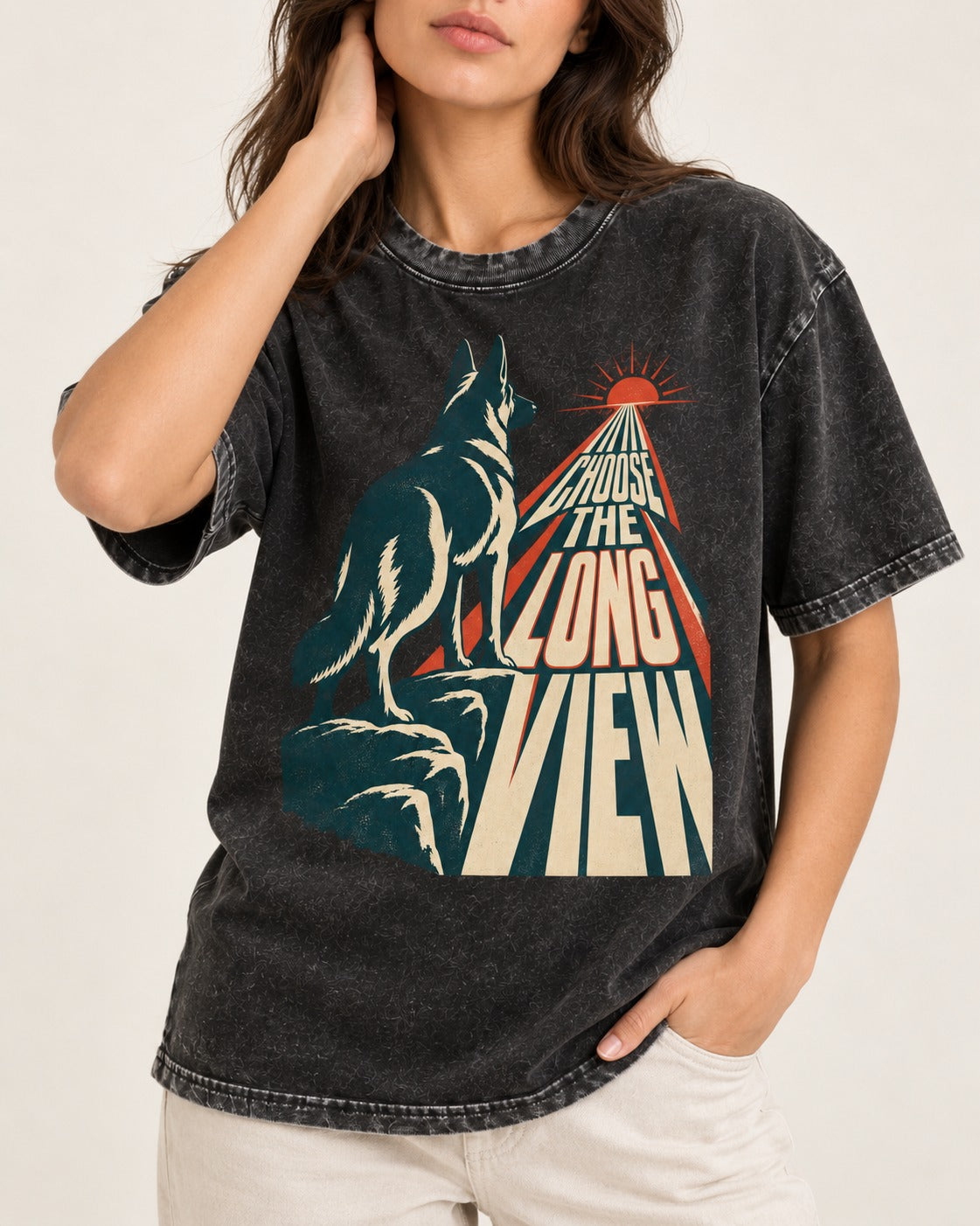 Choose the Long View Sunrise German Shepherd Dog Graphic Washed Tee in Black, worn by a model, front view