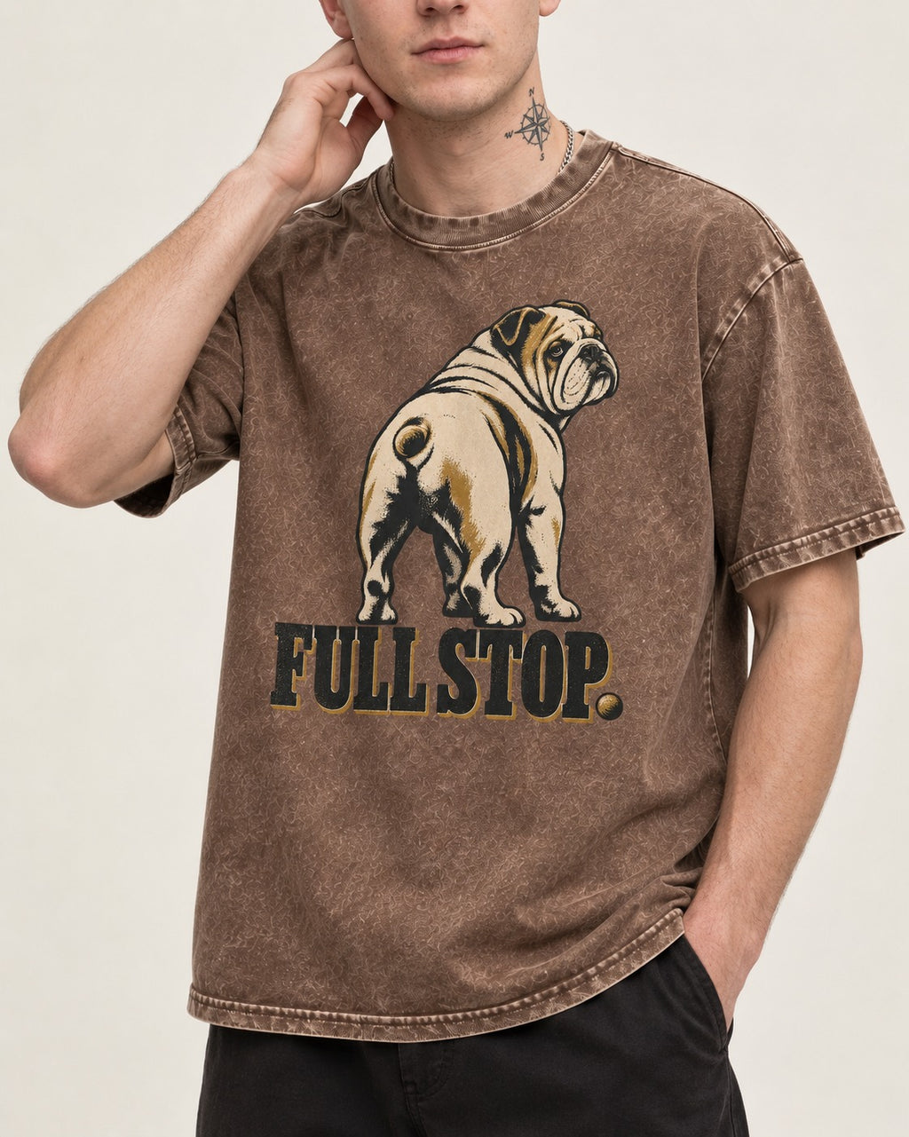 English Bulldog Full Stop Washed Tee in Coffee, worn by a model, front view