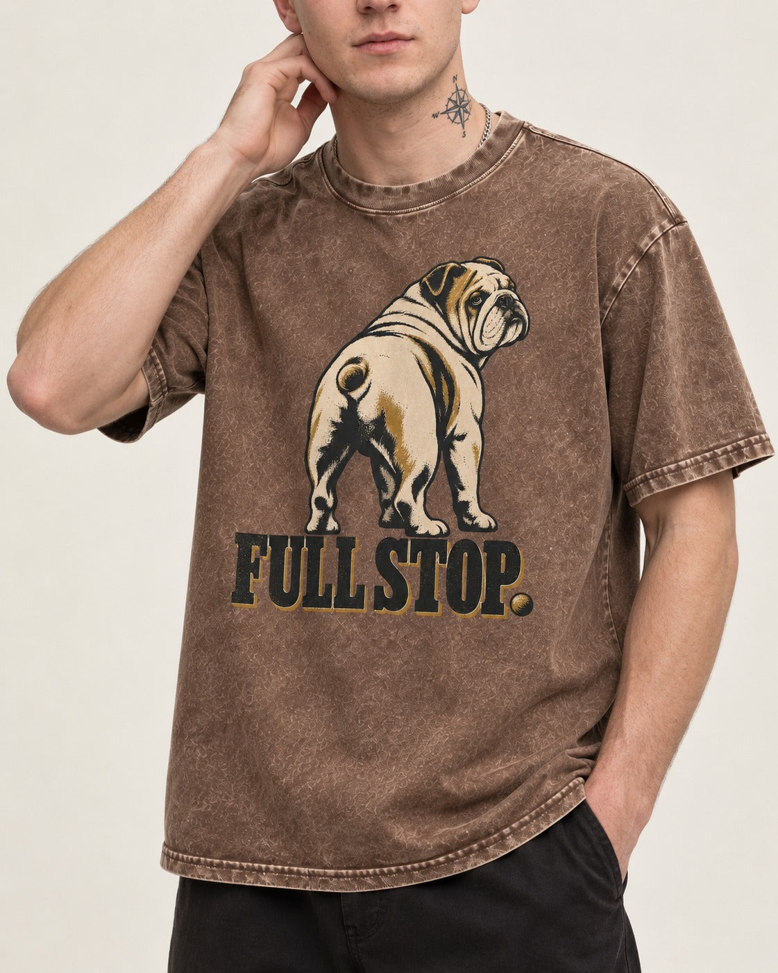 English Bulldog Full Stop Washed Tee in Coffee, worn by a model, front view