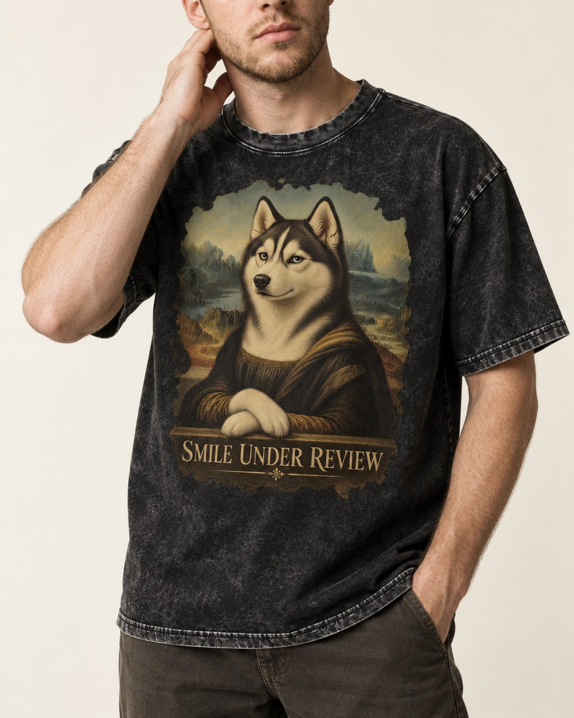 Husky Smile Under Review Renaissance Portrait Graphic Washed Tee in Black, worn by a model, front view