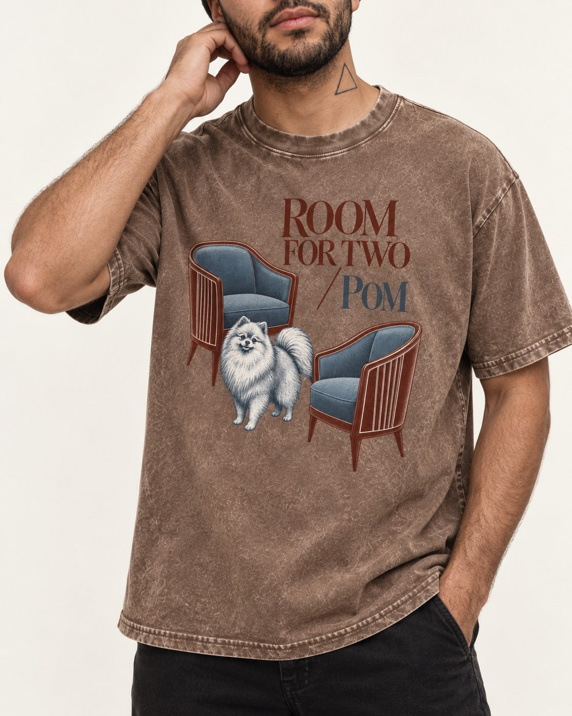 Room for Two with Pomeranian Washed Tee in Coffee, worn by a model, front view