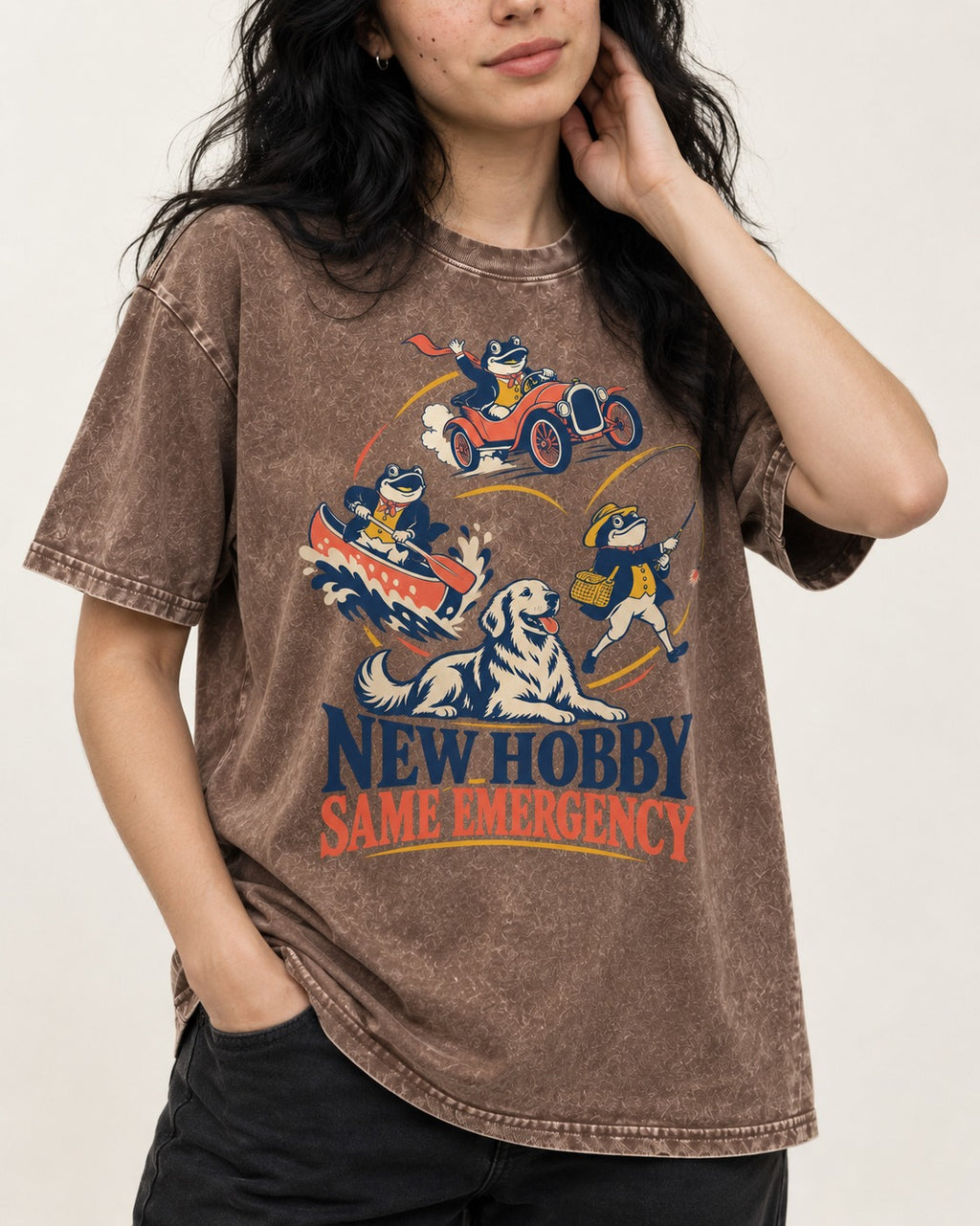Golden Retriever New Hobby Same Emergency Washed Tee in Coffee, worn by a model, front view
