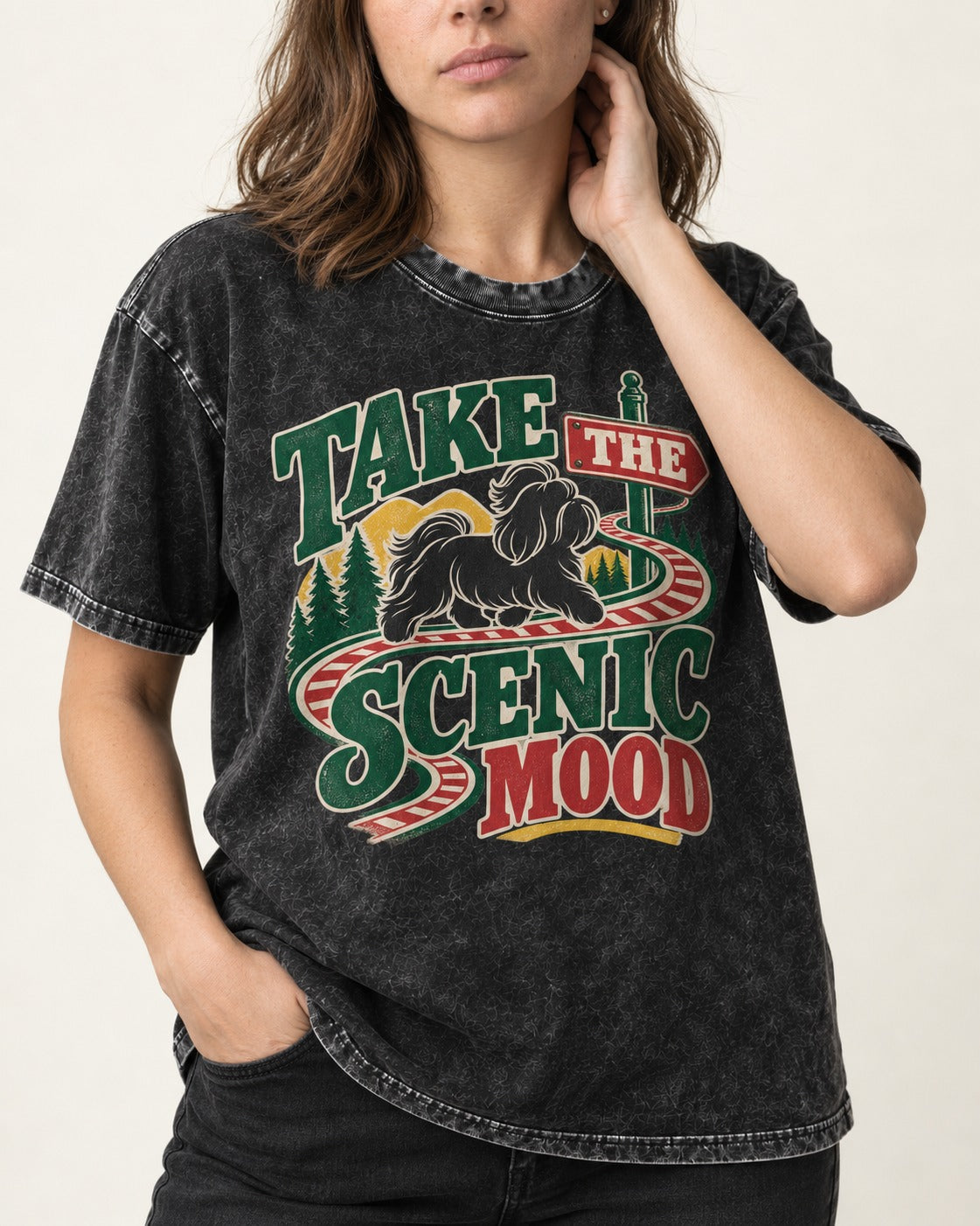Shih Tzu Take the Scenic Mood Road Sign Graphic Washed Tee in Black, worn by a model, front view