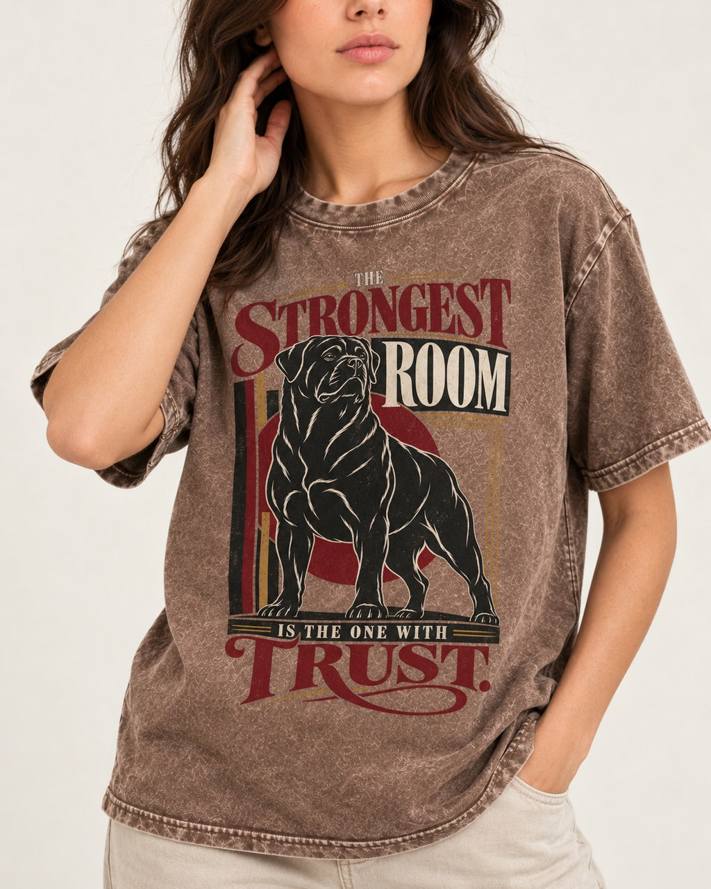 Rottweiler Trust Washed Tee in Coffee, worn by a model, front view