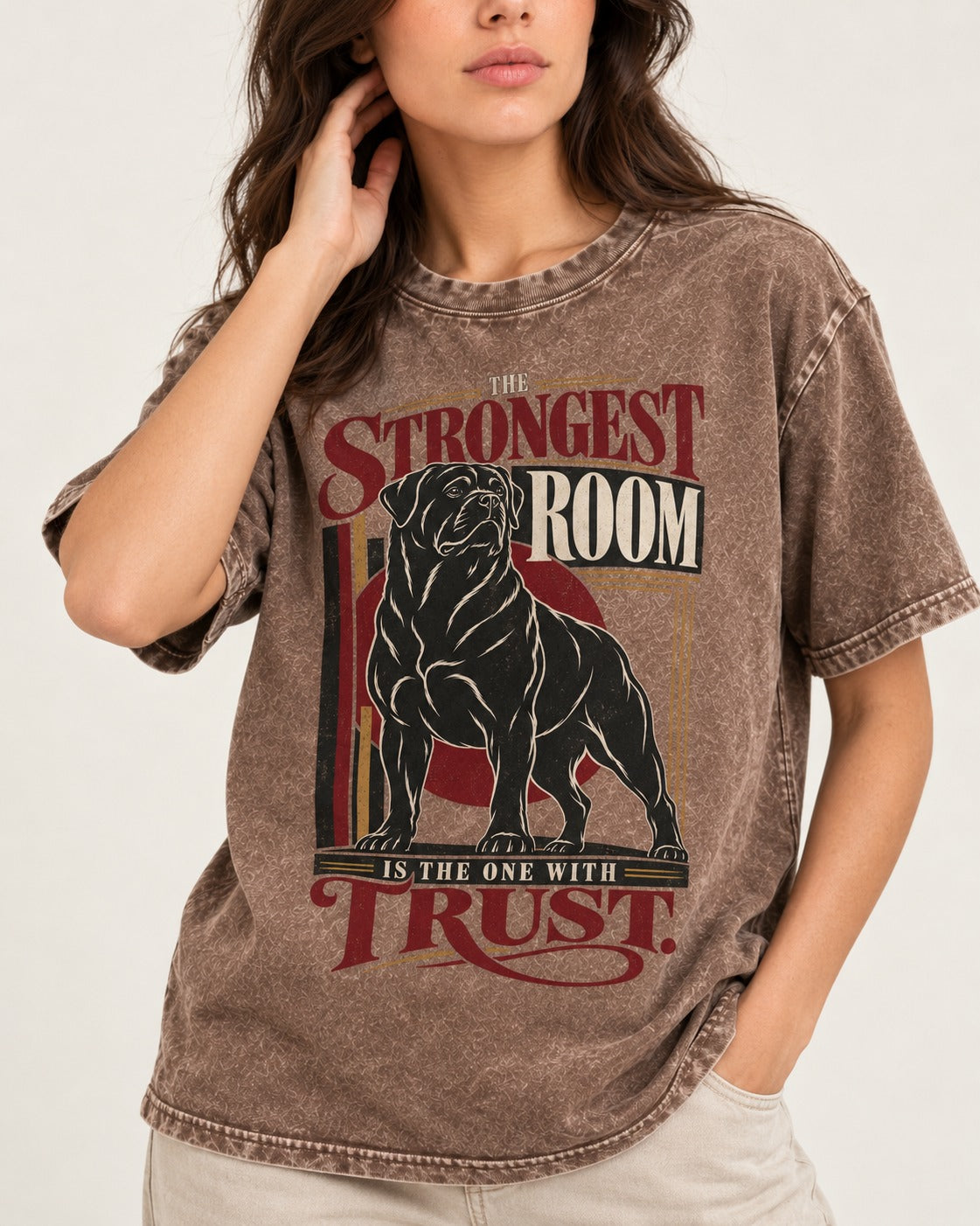 Rottweiler Trust Washed Tee in Coffee, worn by a model, front view