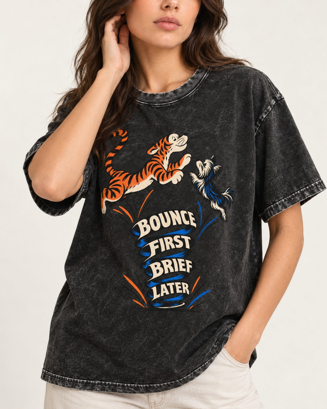 Yorkshire Terrier Bounce First Brief Later Tiger Graphic Washed Tee in Black, worn by a model, front view