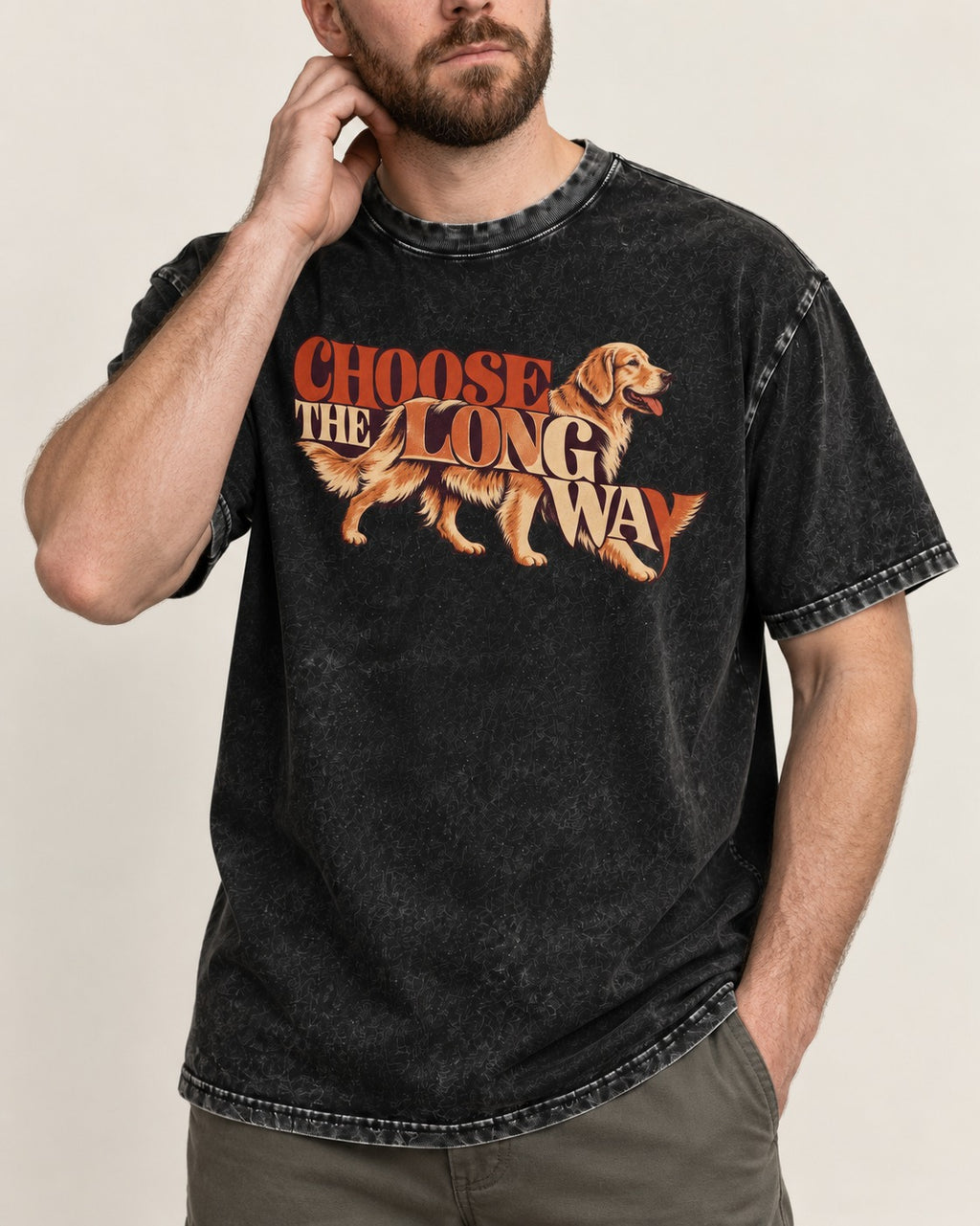 Golden Retriever Choose The Long Way Retro Graphic Washed Tee in Black, worn by a model, front view