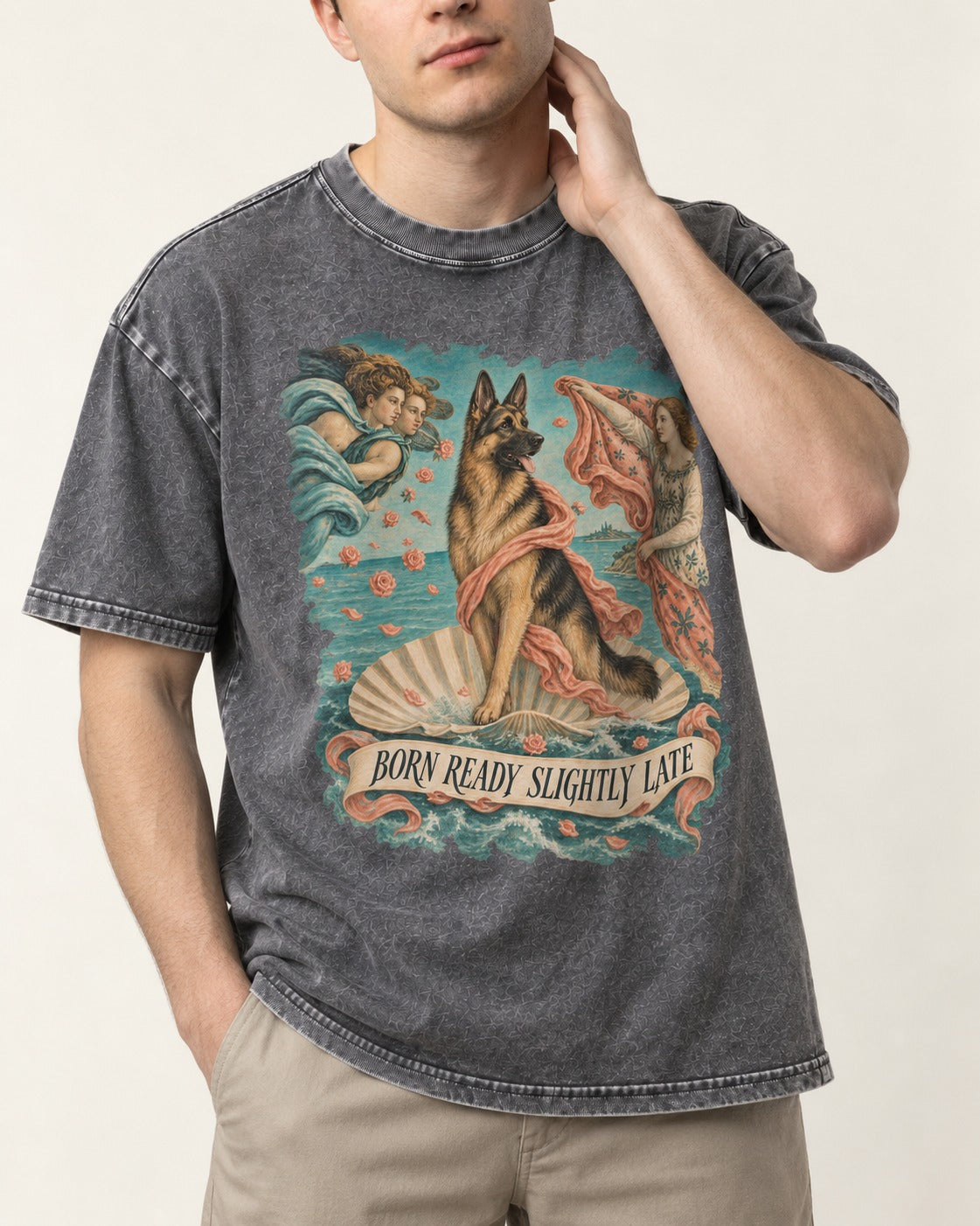 German Shepherd Dog Born Ready Slightly Late Venus Graphic Washed Tee in Gray, worn by a model, front view