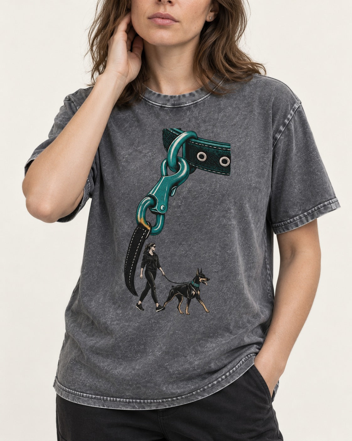 Doberman Oversized Leash Hardware Walk Graphic Washed Tee in Gray, worn by a model, front view