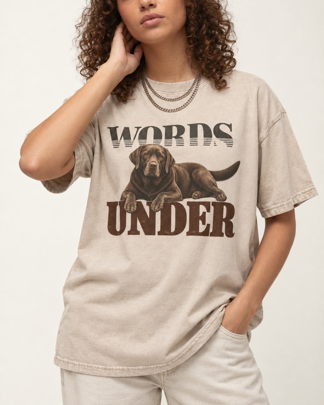Words Under Labrador Retriever Washed Tee in Apricot, worn by a model, front view
