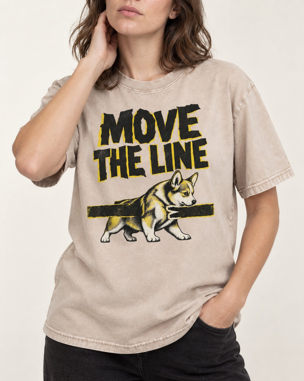 Corgi Move the Line Washed Tee in Apricot, worn by a model, front view