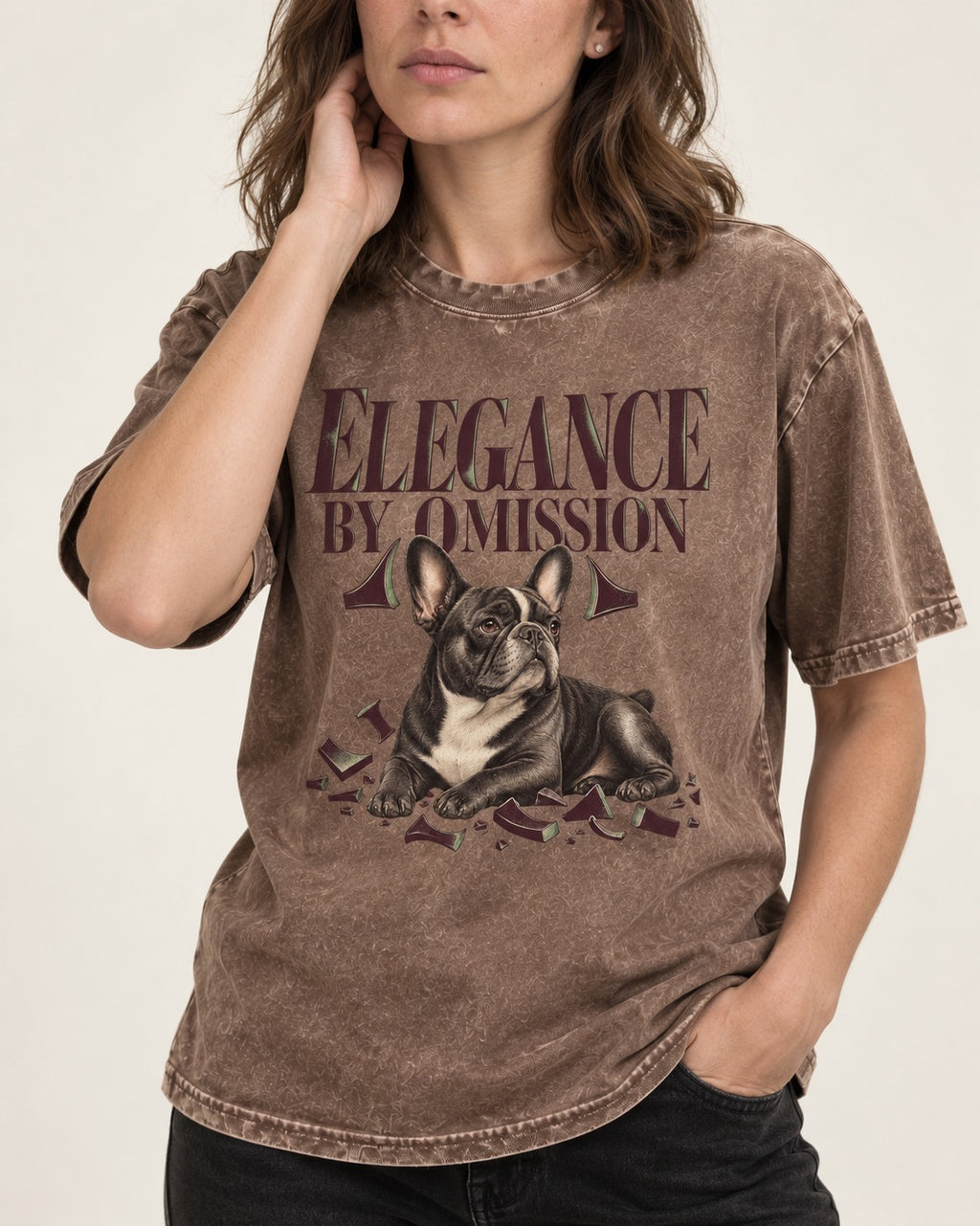 Frenchie Elegance by Omission Washed Tee in Coffee, worn by a model, front view