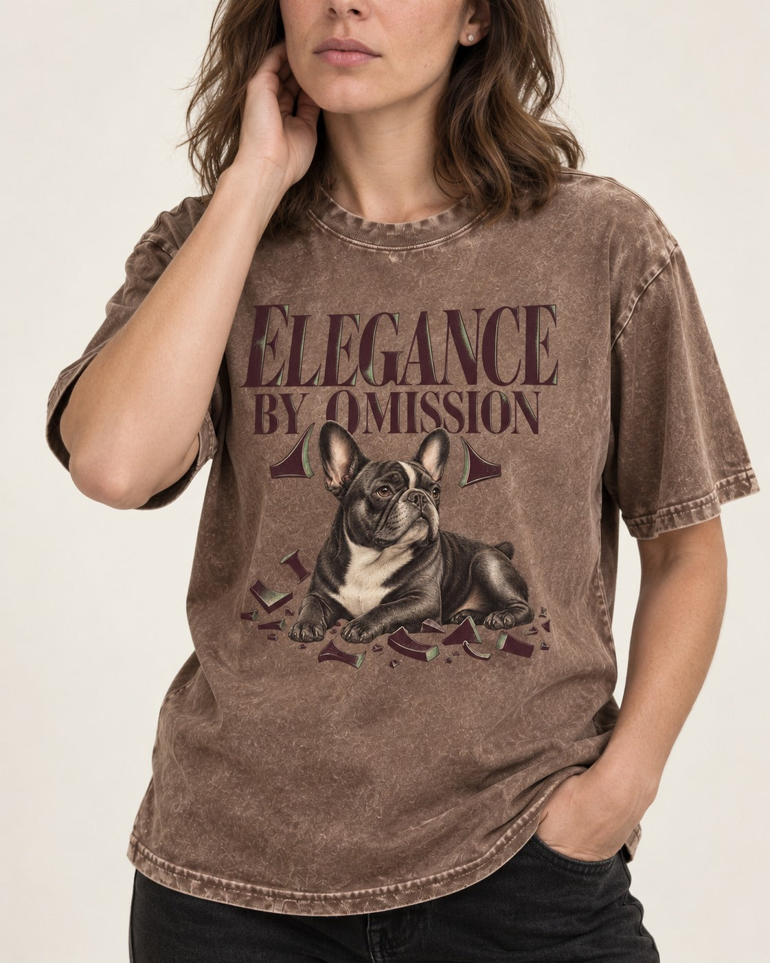 Frenchie Elegance by Omission Washed Tee in Coffee, worn by a model, front view
