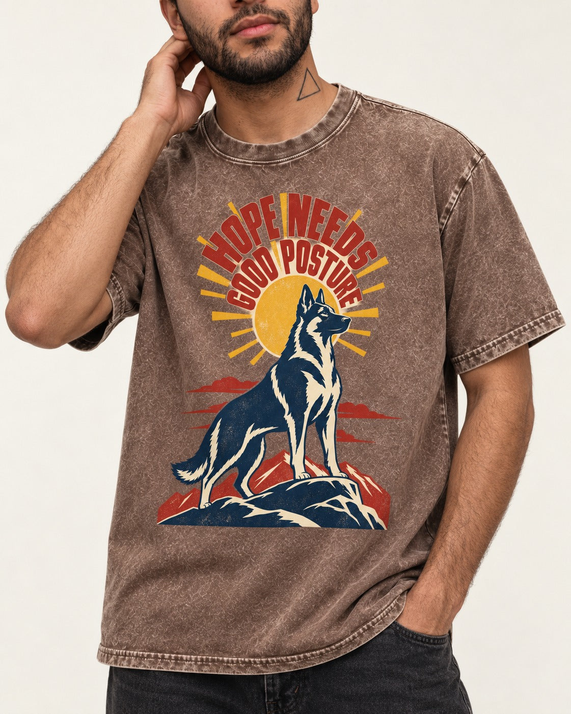 Hope Needs Good Posture German Shepherd Dog Washed Tee in Coffee, worn by a model, front view