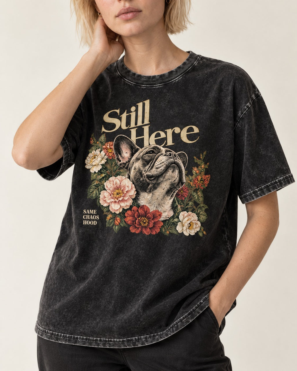 Frenchie Still Here Floral Portrait Graphic Washed Tee in Black, worn by a model, front view