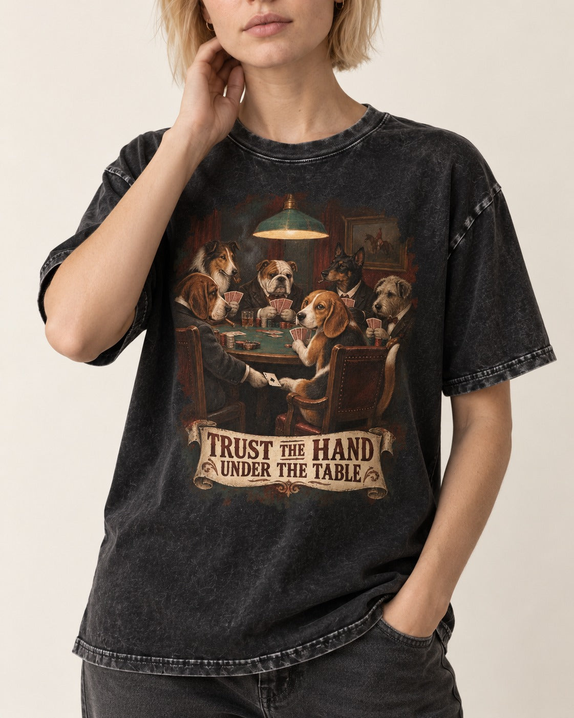 Trust The Hand Under The Table Beagle Poker Night Washed Tee in Black, worn by a model, front view