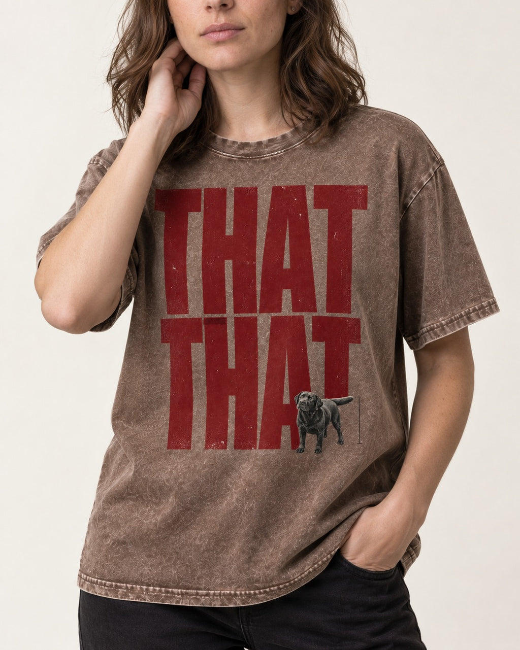 That That Labrador Retriever Washed Tee in Coffee, worn by a model, front view