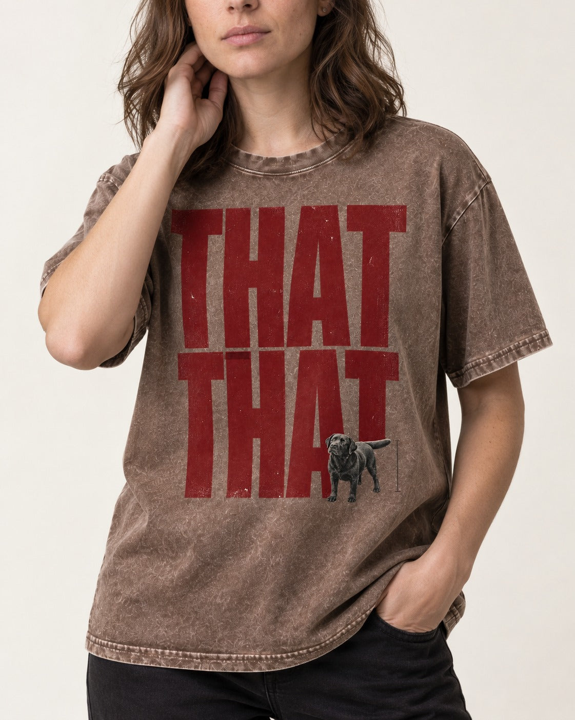 That That Labrador Retriever Washed Tee in Coffee, worn by a model, front view