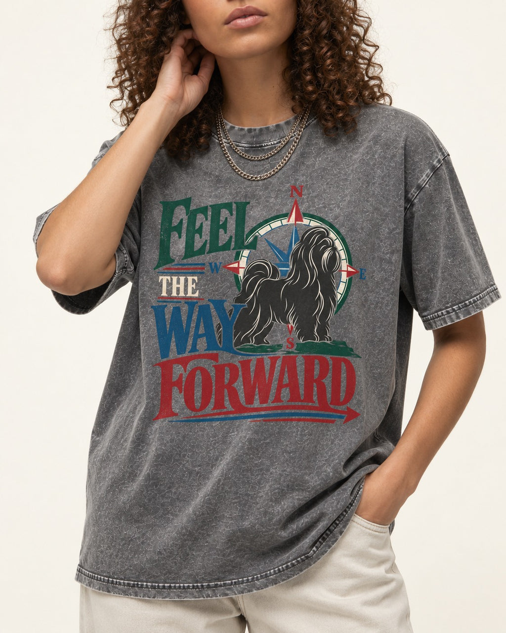 Shih Tzu Feel the Way Forward Compass Graphic Washed Tee in Gray, worn by a model, front view