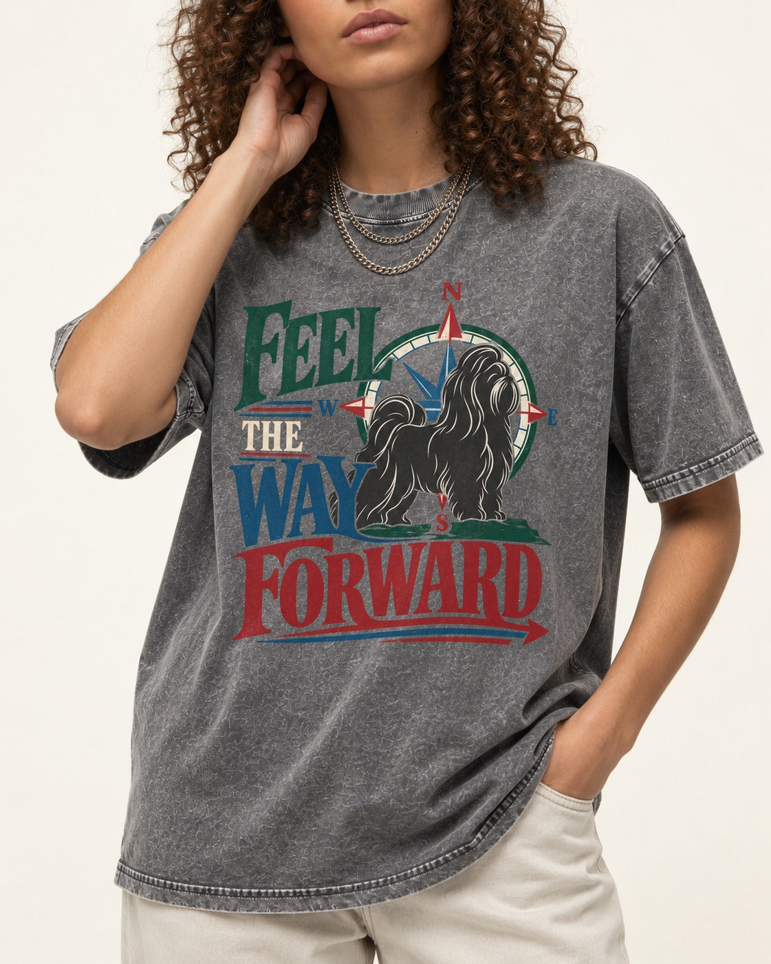 Shih Tzu Feel the Way Forward Compass Graphic Washed Tee in Gray, worn by a model, front view