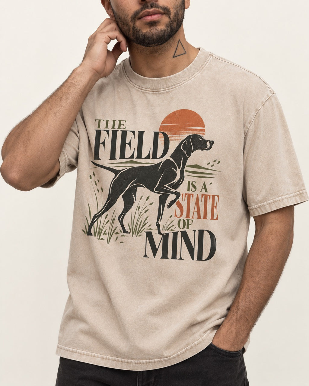 German Shorthaired Pointer Field State of Mind Washed Tee in Apricot, worn by a model, front view