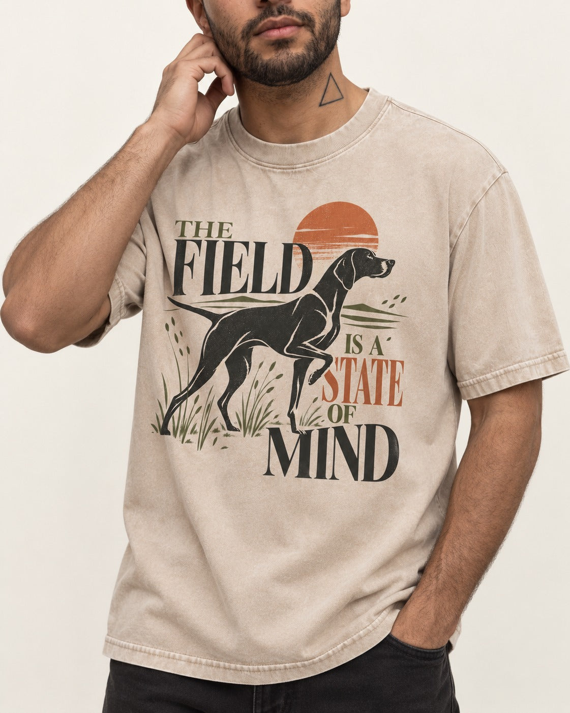 German Shorthaired Pointer Field State of Mind Washed Tee in Apricot, worn by a model, front view