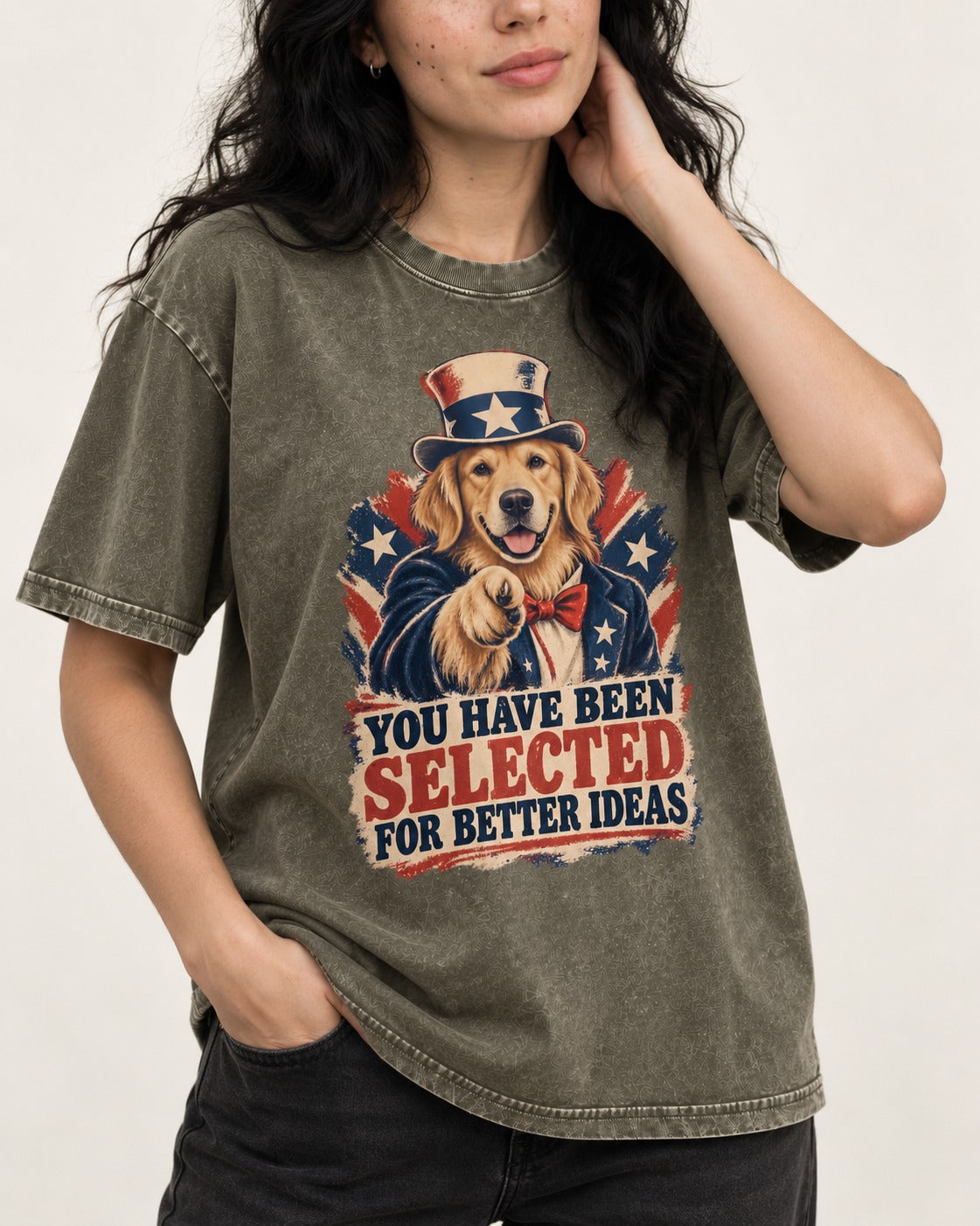You Have Been Selected for Better Ideas Uncle Sam Golden Retriever Graphic Washed Tee in Army Green, worn by a model, front view