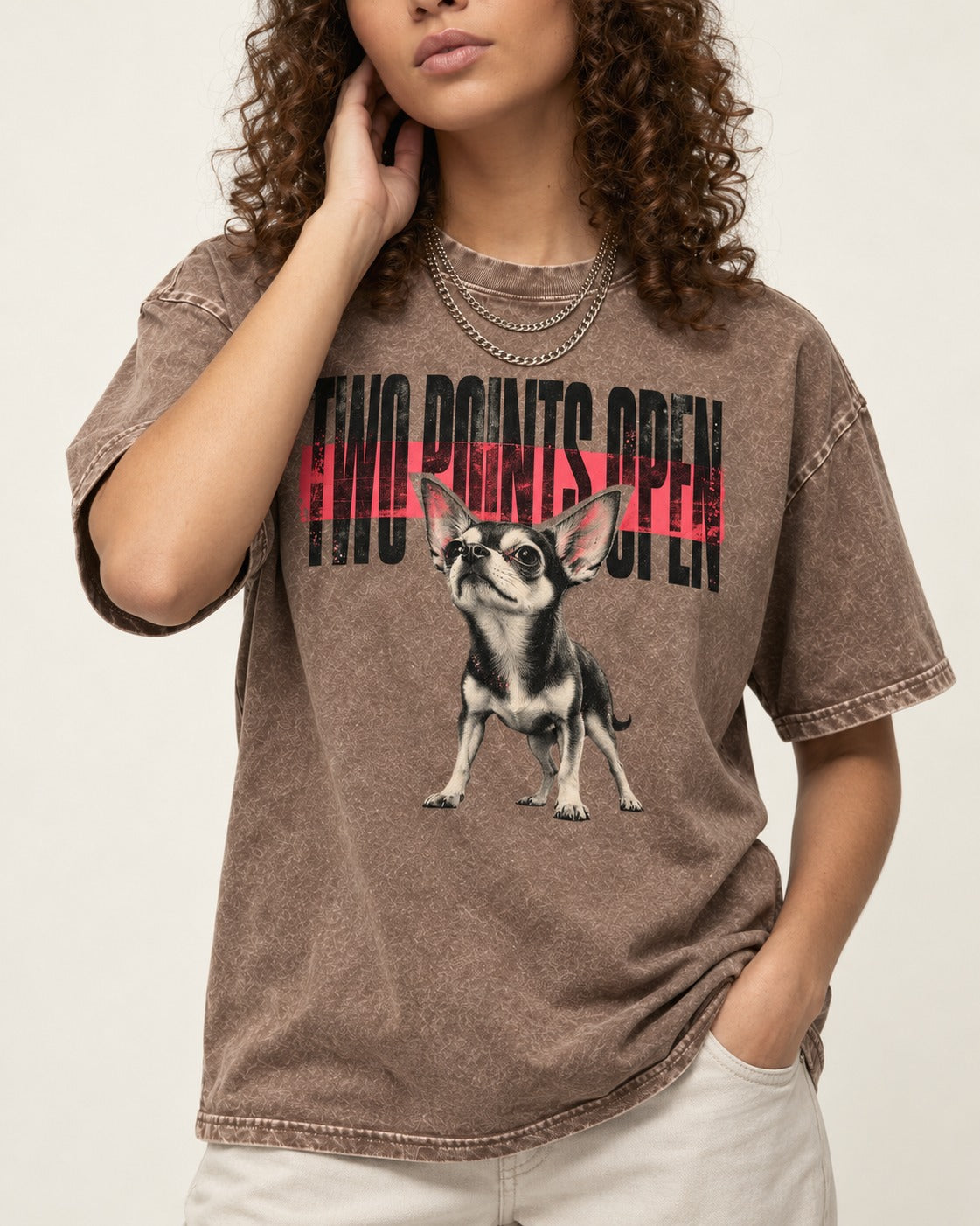 Two Points Open Chihuahua Washed Tee in Coffee, worn by a model, front view