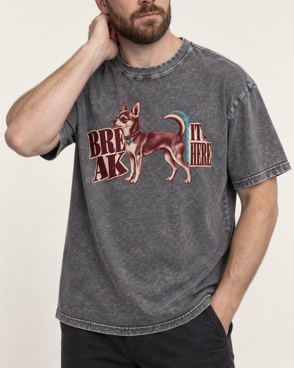 Chihuahua Break It Here Perforation Graphic Washed Tee in Gray, worn by a model, front view