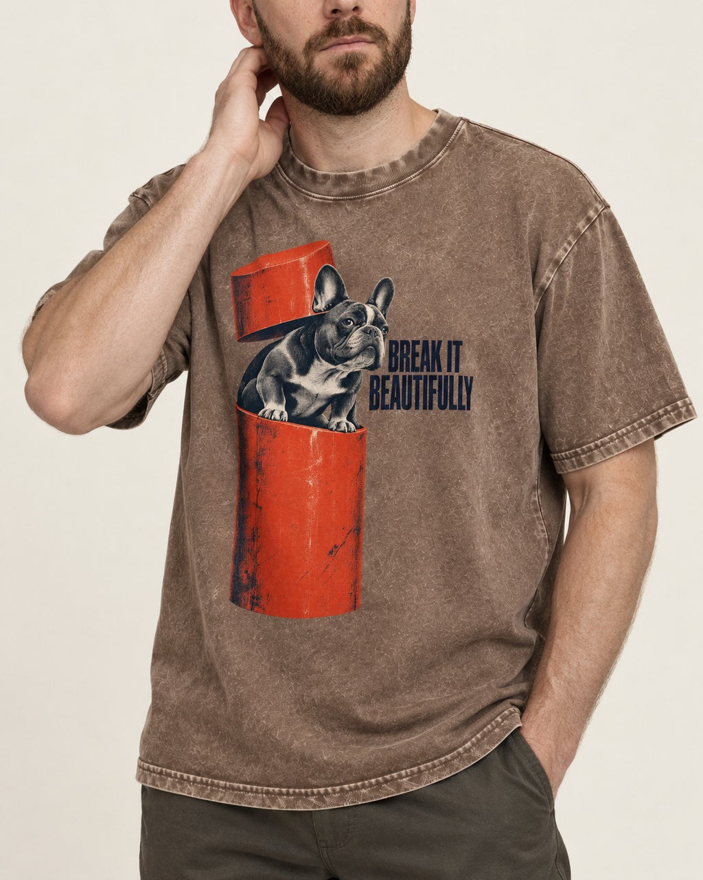 Frenchie Break It Beautifully Washed Tee in Coffee, worn by a model, front view