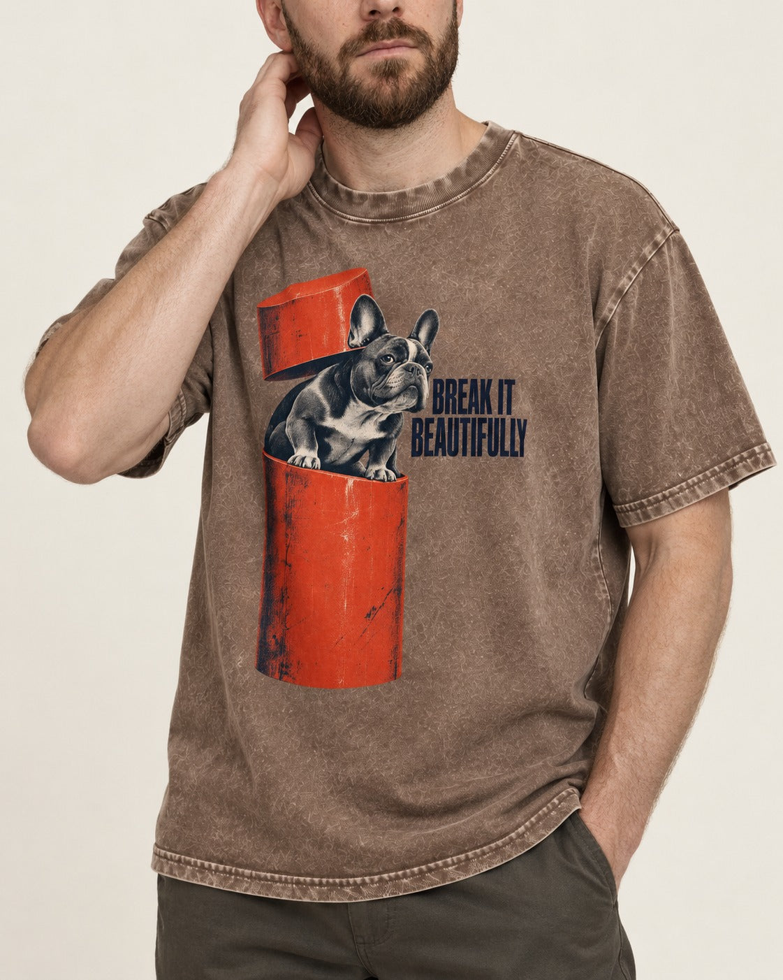Frenchie Break It Beautifully Washed Tee in Coffee, worn by a model, front view
