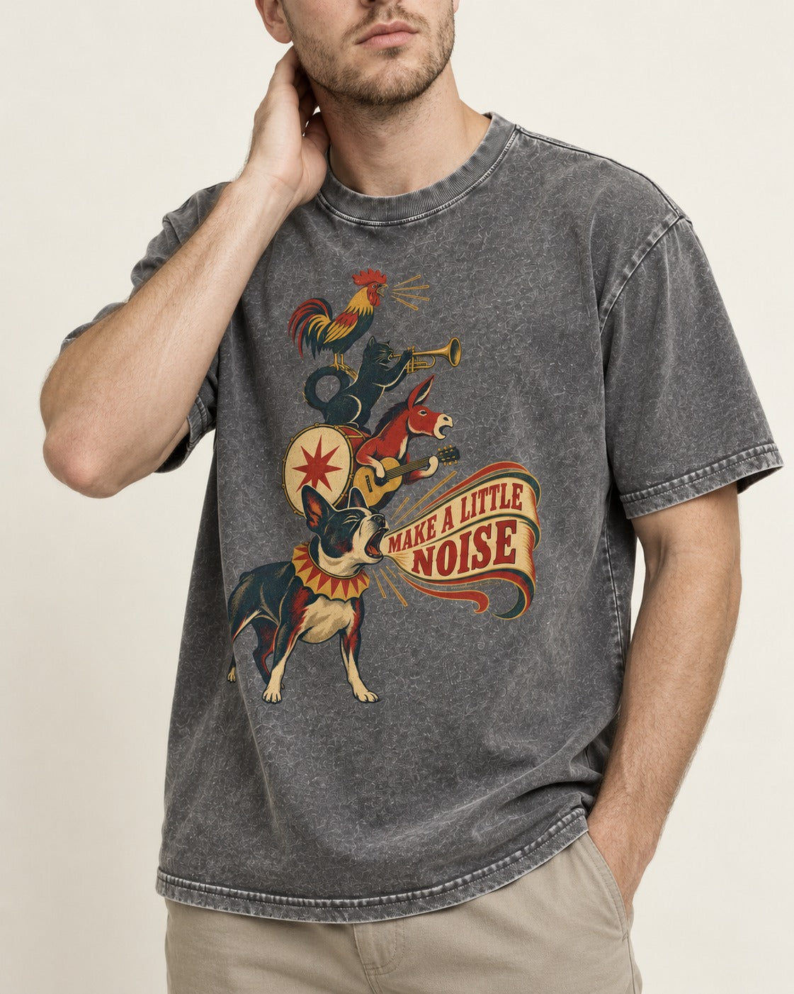 Boston Terrier Make A Little Noise Washed Tee in Gray, worn by a model, front view