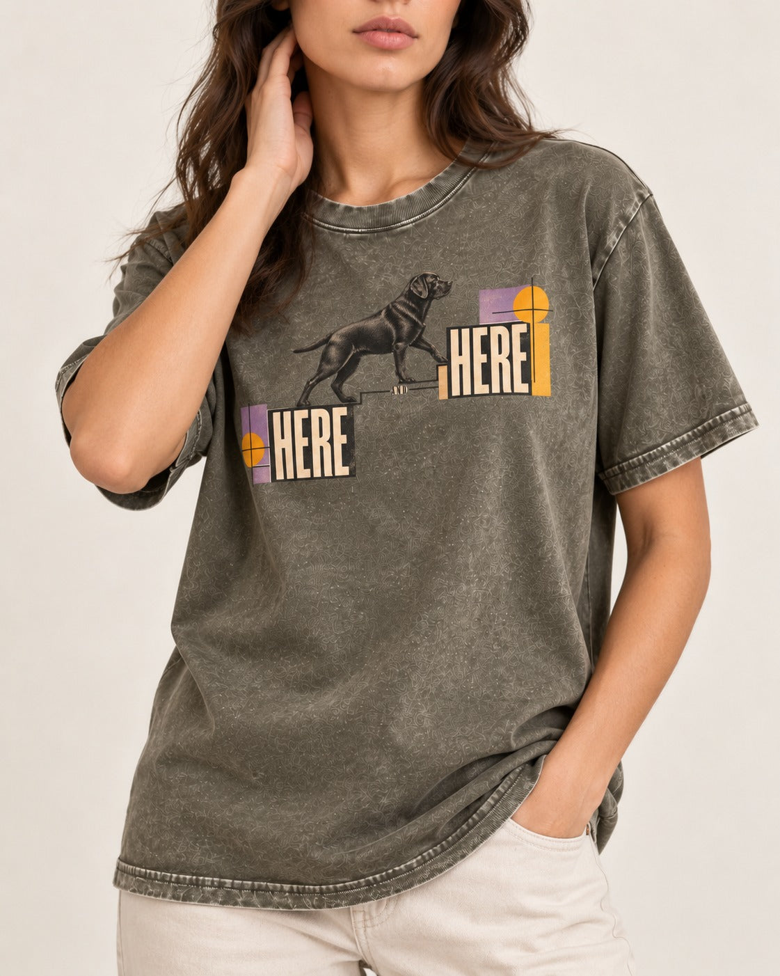 Here and Here Stepping Labrador Retriever Graphic Washed Tee in Army Green, worn by a model, front view