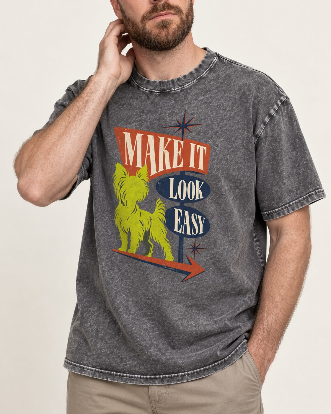 Yorkshire Terrier Make It Look Easy Retro Sign Graphic Washed Tee in Gray, worn by a model, front view