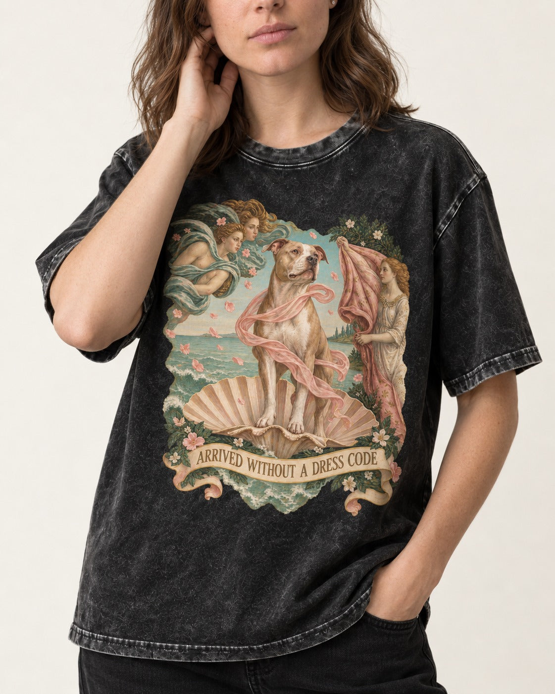 Pitbull Arrived Without a Dress Code Venus Parody Graphic Washed Tee in Black, worn by a model, front view