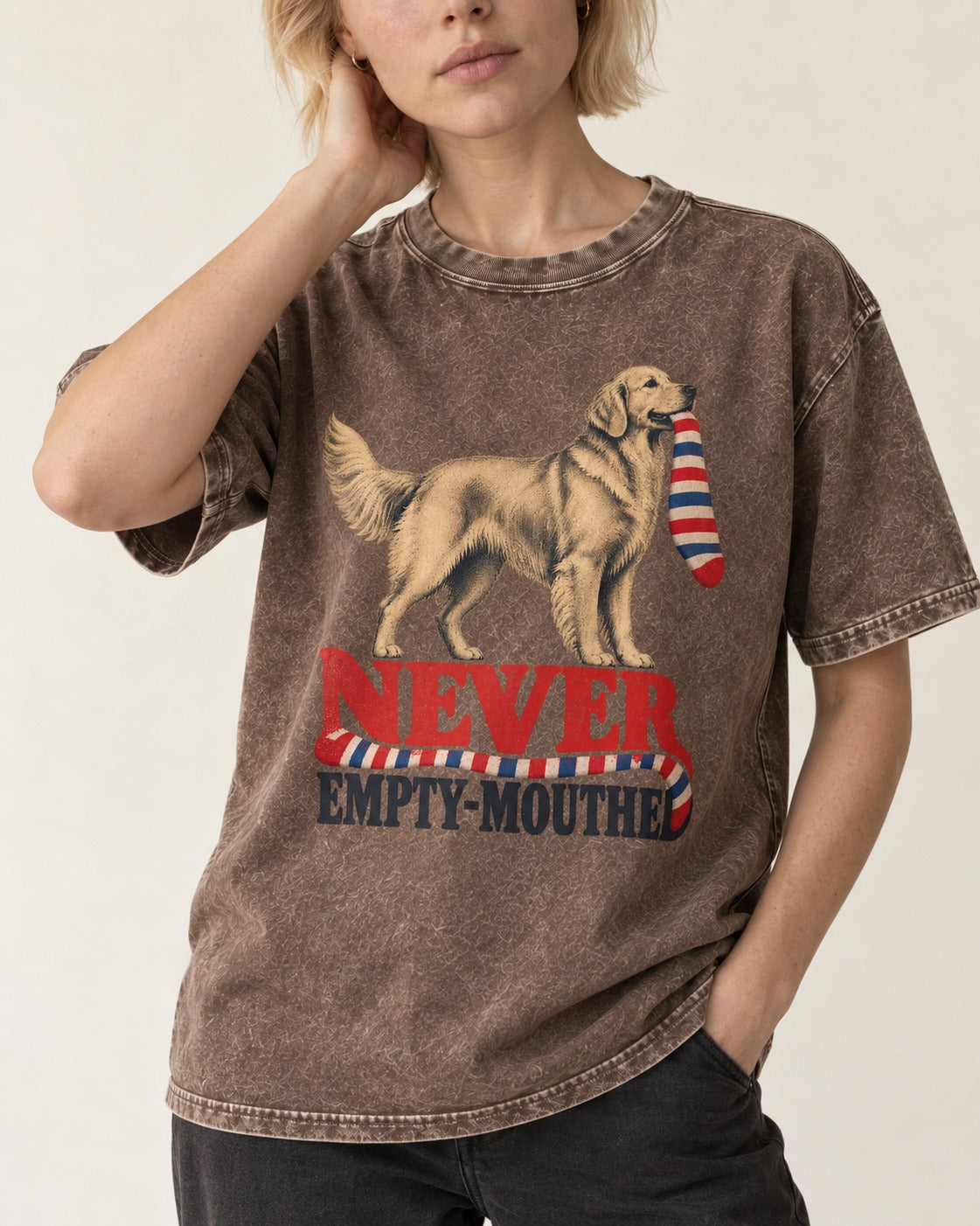 Never Empty Mouthed Golden Retriever Washed Tee in Coffee, worn by a model, front view