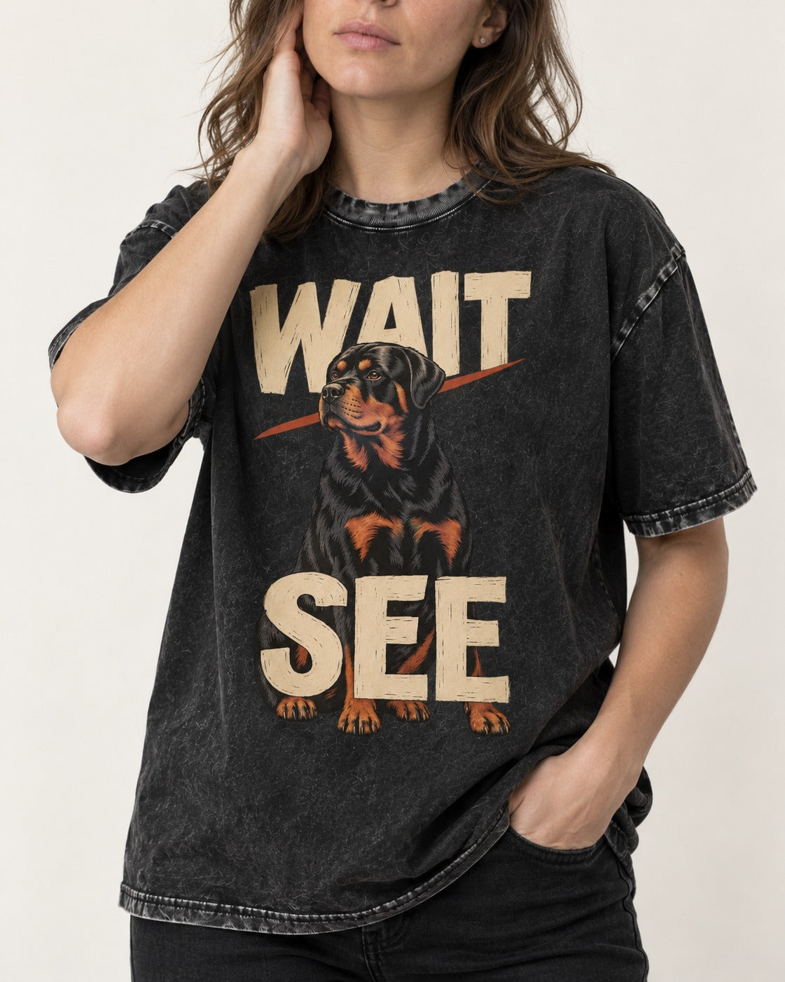 Wait See Rottweiler Seated Slash Graphic Washed Tee in Black, worn by a model, front view