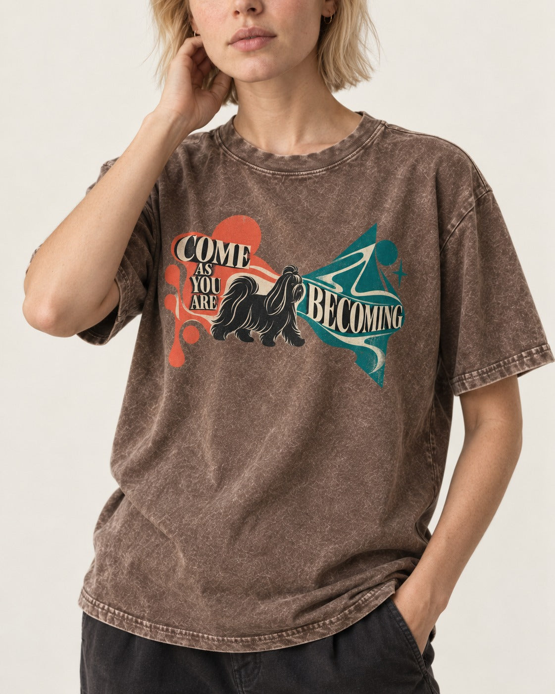 Come as You Are Shih Tzu Washed Tee in Coffee, worn by a model, front view