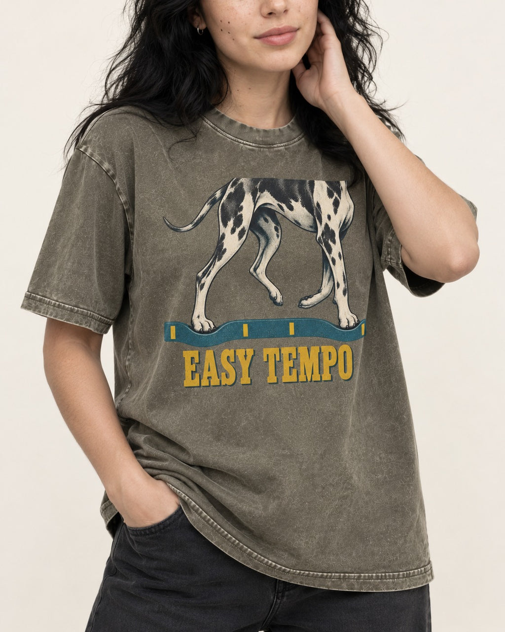 Great Dane Easy Tempo Elastic Band Legs Graphic Washed Tee in Army Green, worn by a model, front view