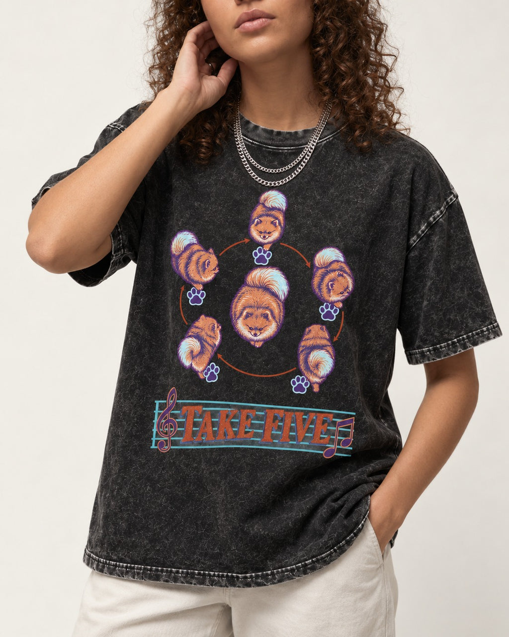 Pomeranian Take Five Choreography Cycle Graphic Washed Tee in Black, worn by a model, front view