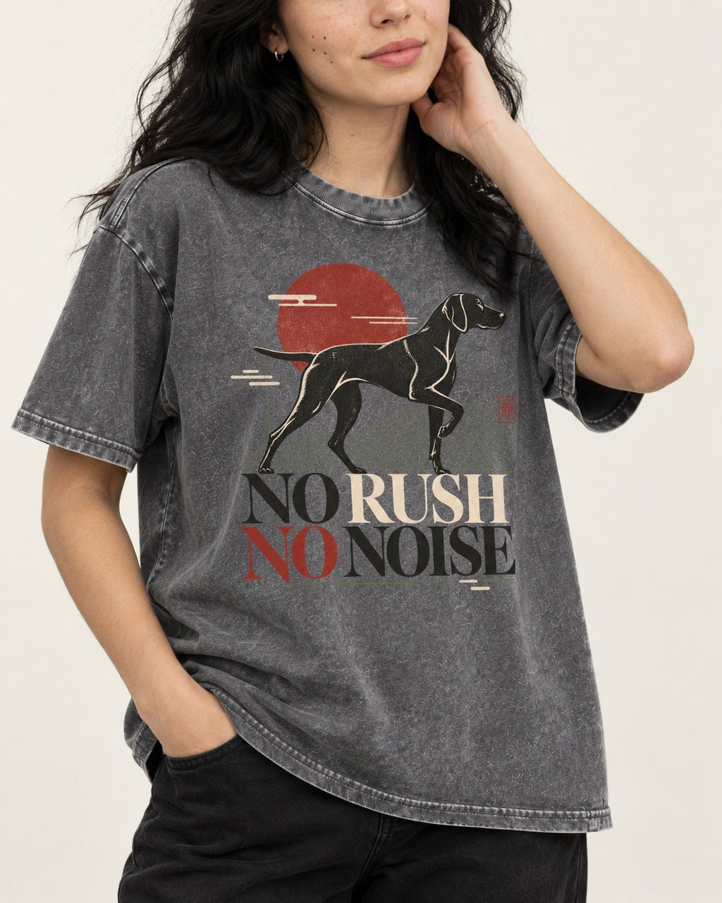 German Shorthaired Pointer No Rush No Noise Sunset Graphic Washed Tee in Gray, worn by a model, front view