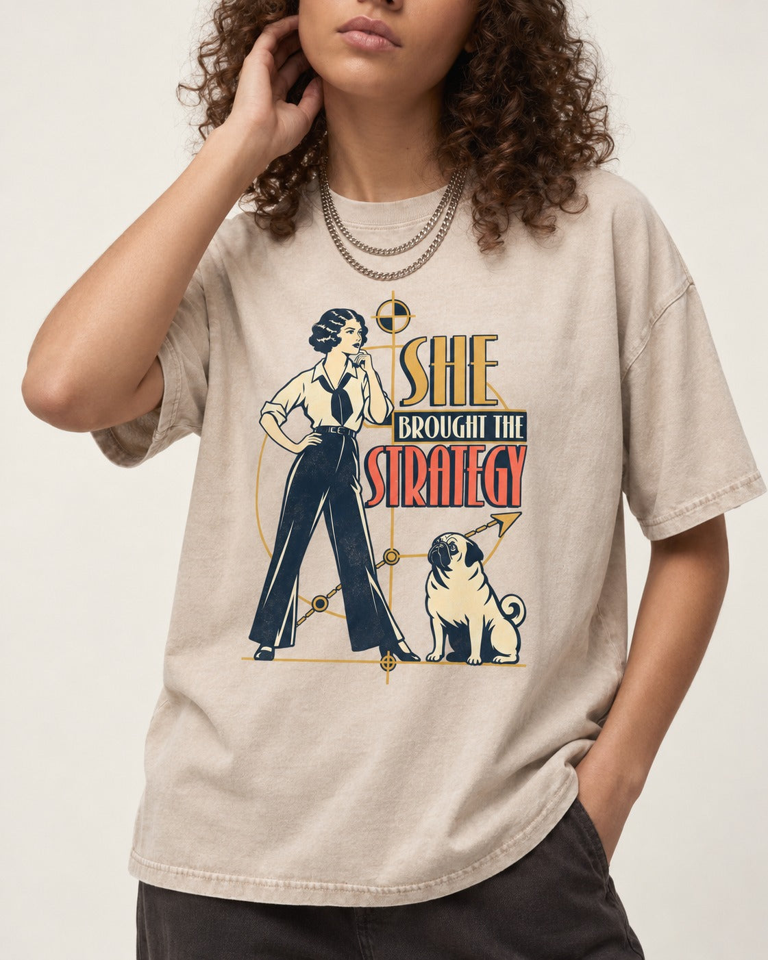 The Pug Strategy Washed Tee in Apricot, worn by a model, front view