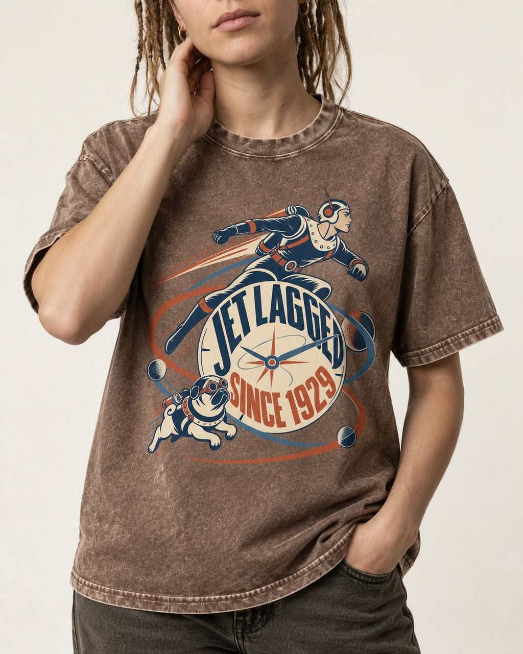 Jet Lagged Pug Washed Tee in Coffee, worn by a model, front view