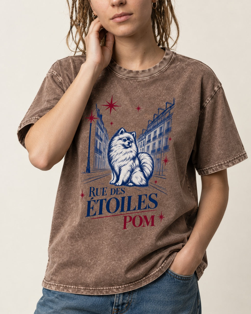 Pomeranian Among the Stars Washed Tee in Coffee, worn by a model, front view