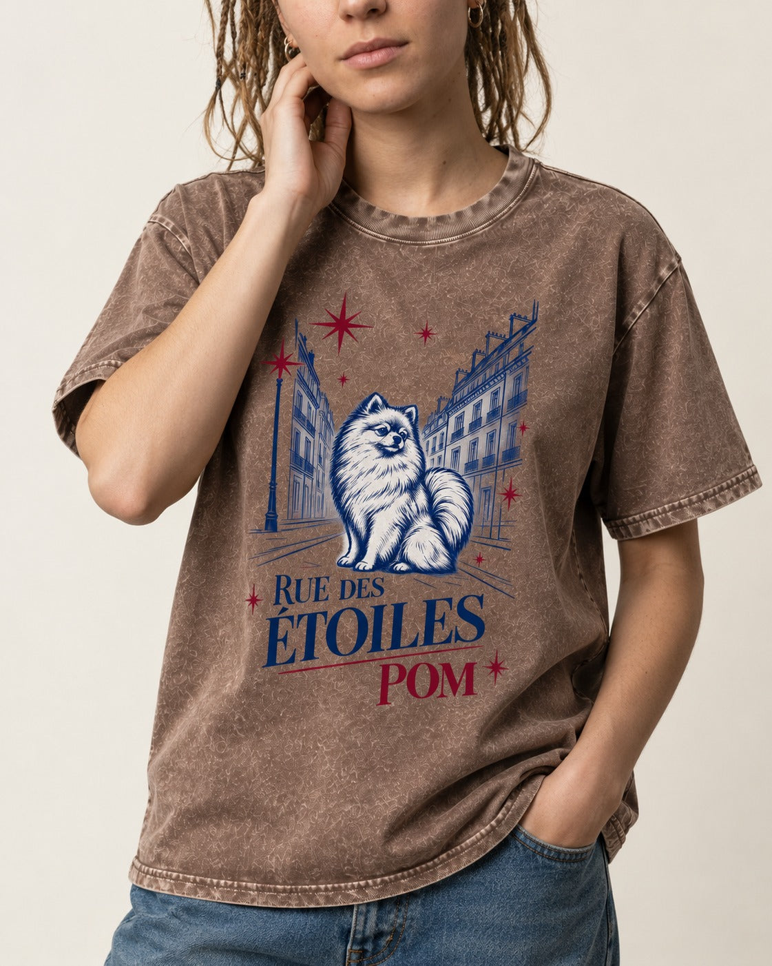 Pomeranian Among the Stars Washed Tee in Coffee, worn by a model, front view